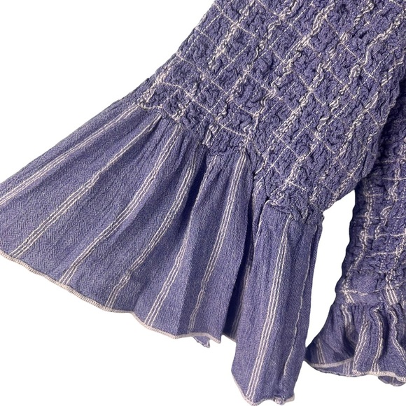 Free People Smock Around Striped Top Off Shoulder Cropped Ruffle Size M Blue - Picture 7 of 8